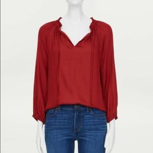 Loft red ruffle neck tie mixed media top NWT